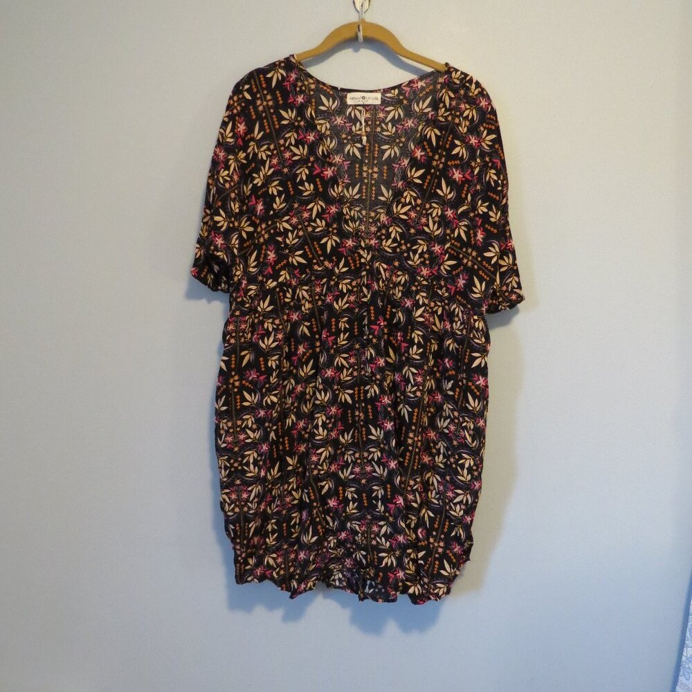 Natural Life Stella Mini Dress Boho Black Floral Rayon Flowy Sz L/XL